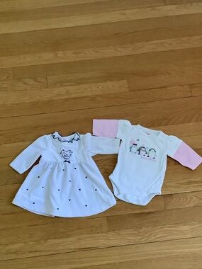 Little Me White Dress with Navy Hearts + White Bodysuit with Pink Sleeves
